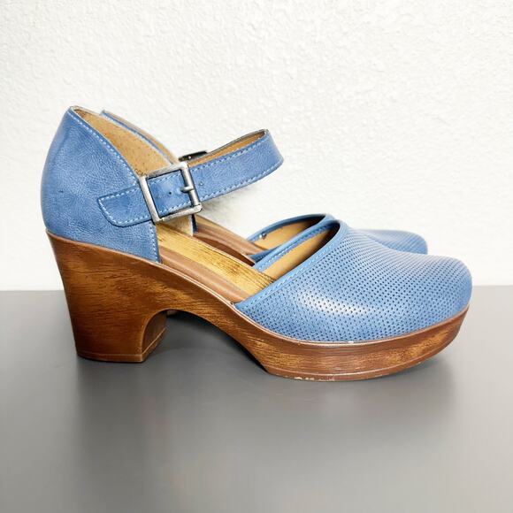 B.O.C. Gia Platform Heeled Mary Jane Clog Blue Perforated Faux Leather Size 10 - Picture 2 of 11
